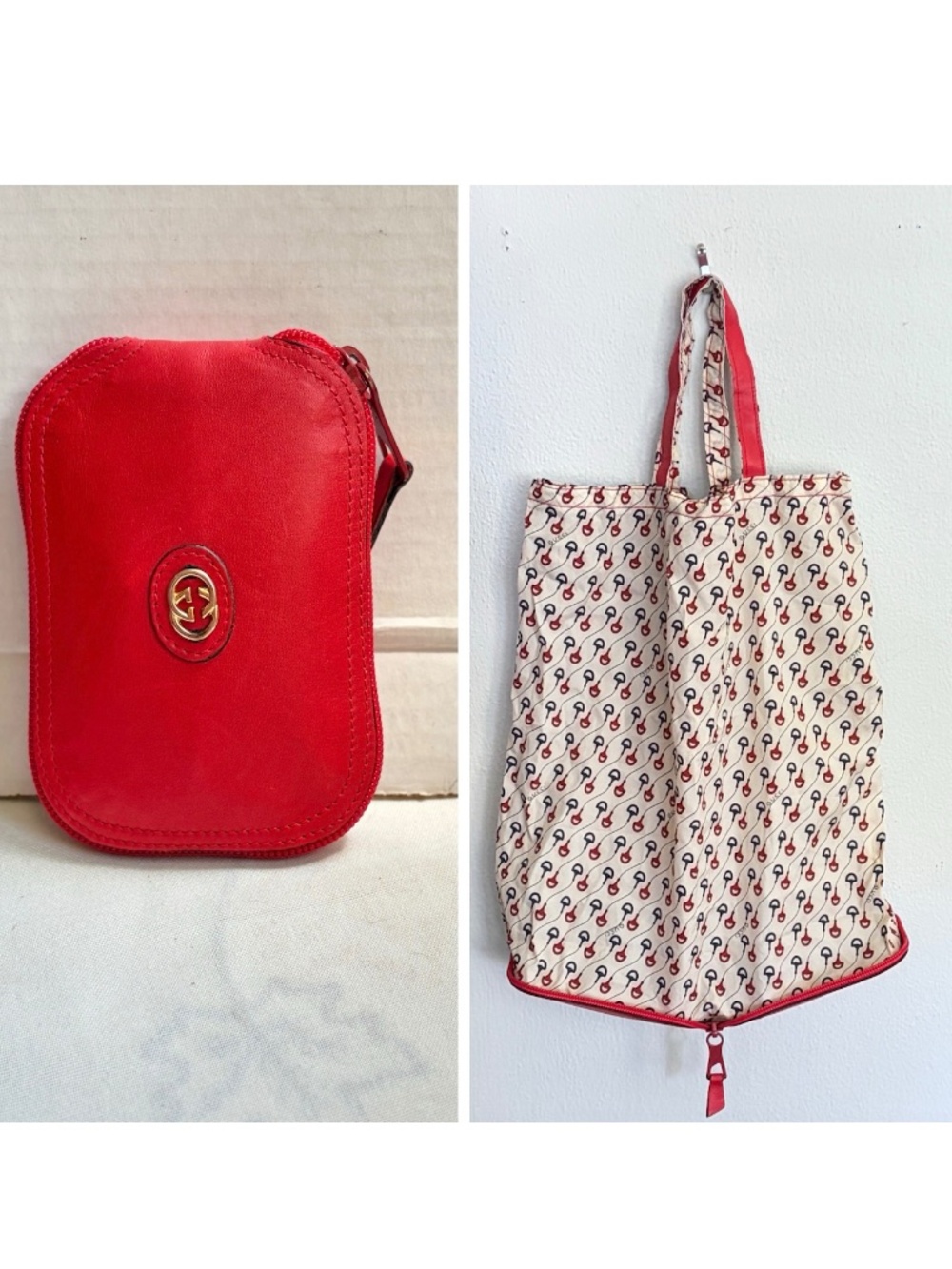 Vintage Authentic GUCCI Foldable Tote Bag Horsebit Monogram Red Blue Cream